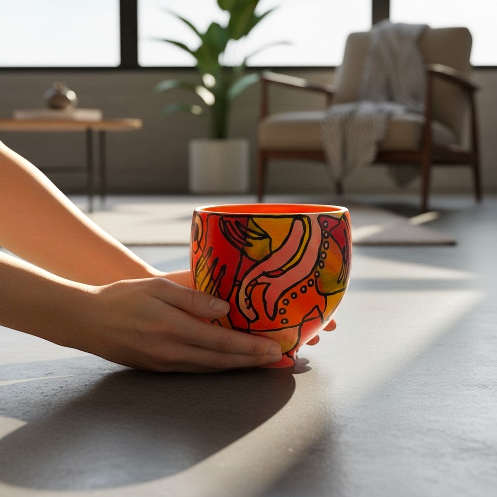 CeramicMeltdown.com abstract expressionist pedestal bowl in vibrant red, orange, and yellow with black line art.