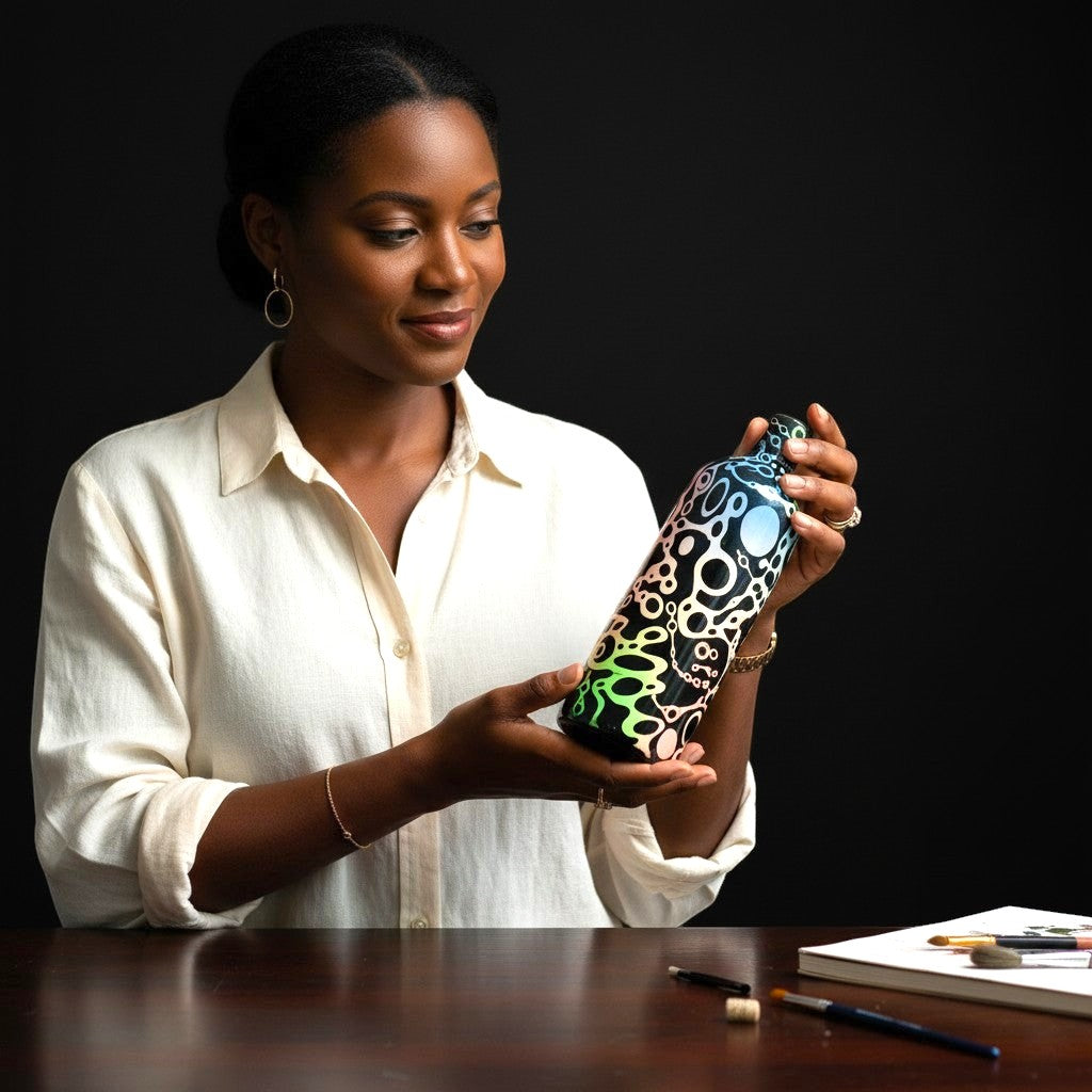 CeramicMeltdown.com handmade white ceramic ameba bottle with abstract organic pattern in black, pink, blue, and green.