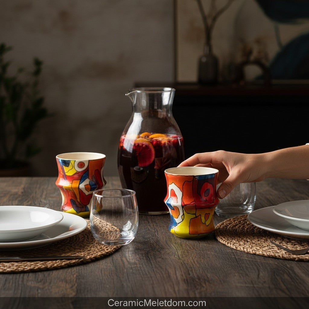 CeramicMeltdown.com hand painted tumbler with abstract colorful design, featuring red, yellow, blue, and white.
