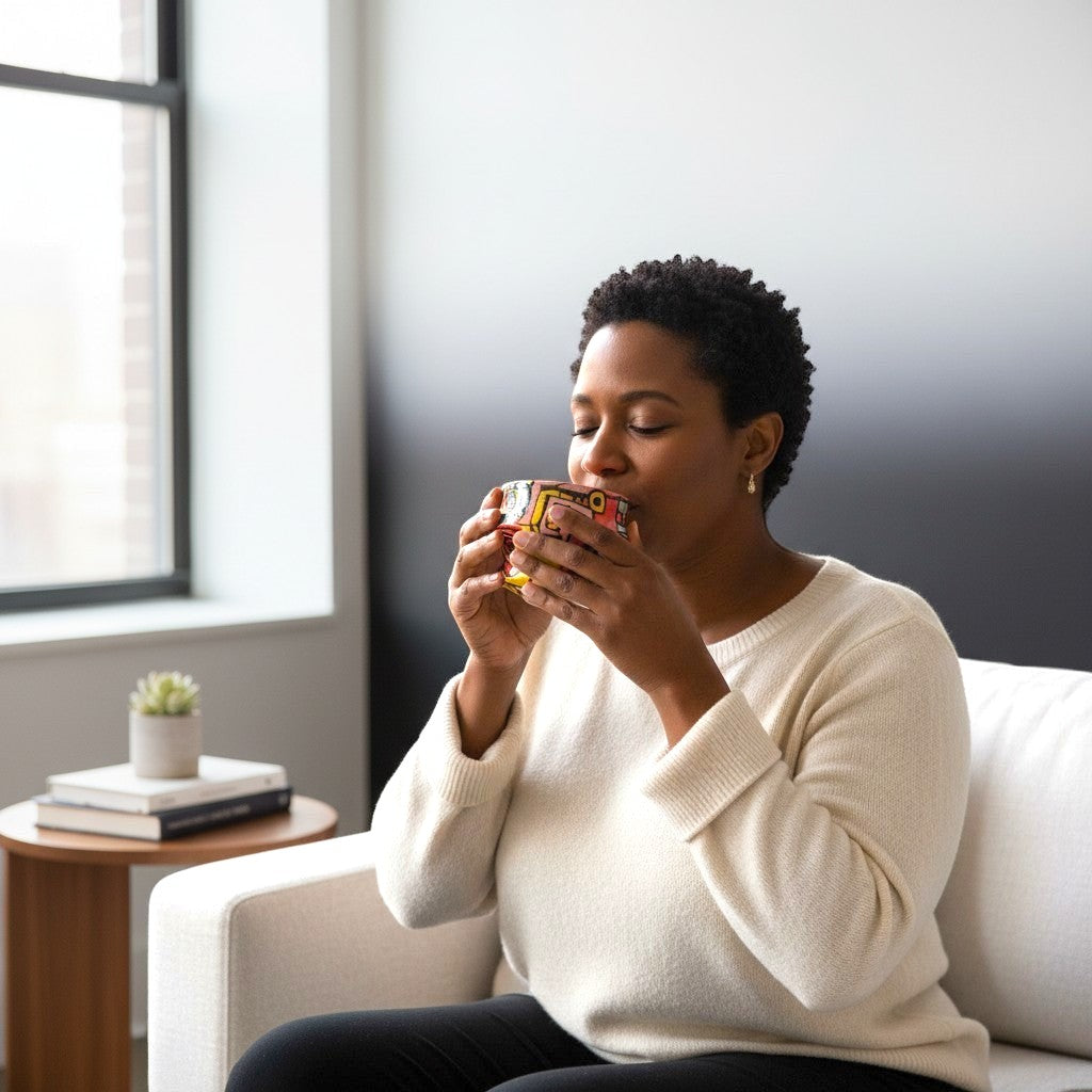 CeramicMeltdown.com Freedom Cup, a colorful ceramic mug with geometric patterns, held by a woman in a cream sweater.