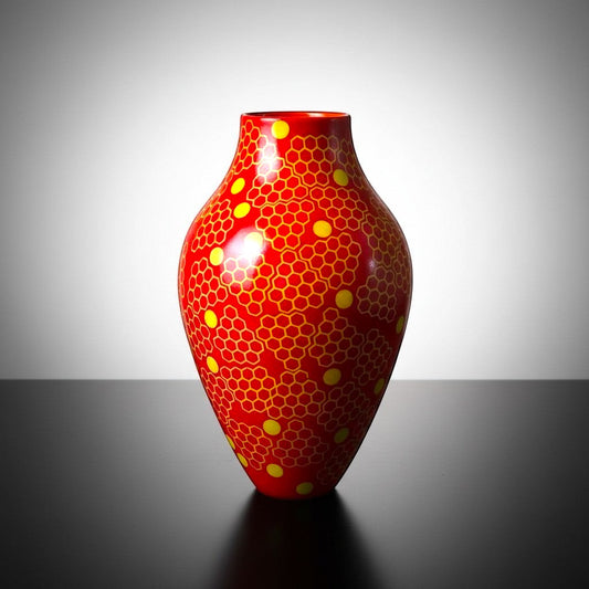 CeramicMeltdown.com red vase with yellow honeycomb pattern and polka dots.