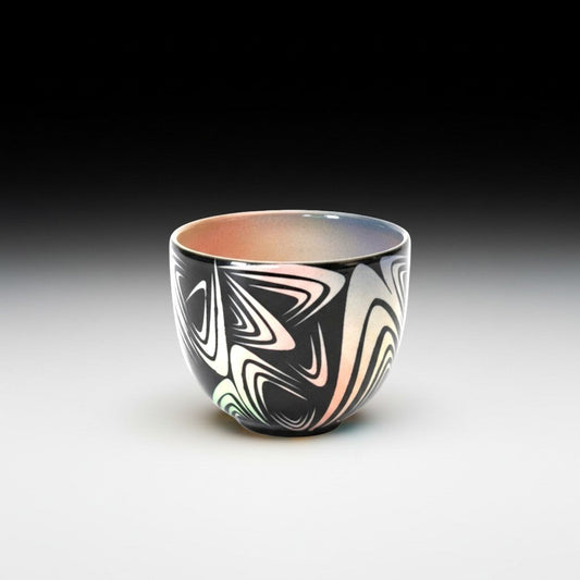 CeramicMeltdown.com abstract black and white swirl wine cup with iridescent interior.