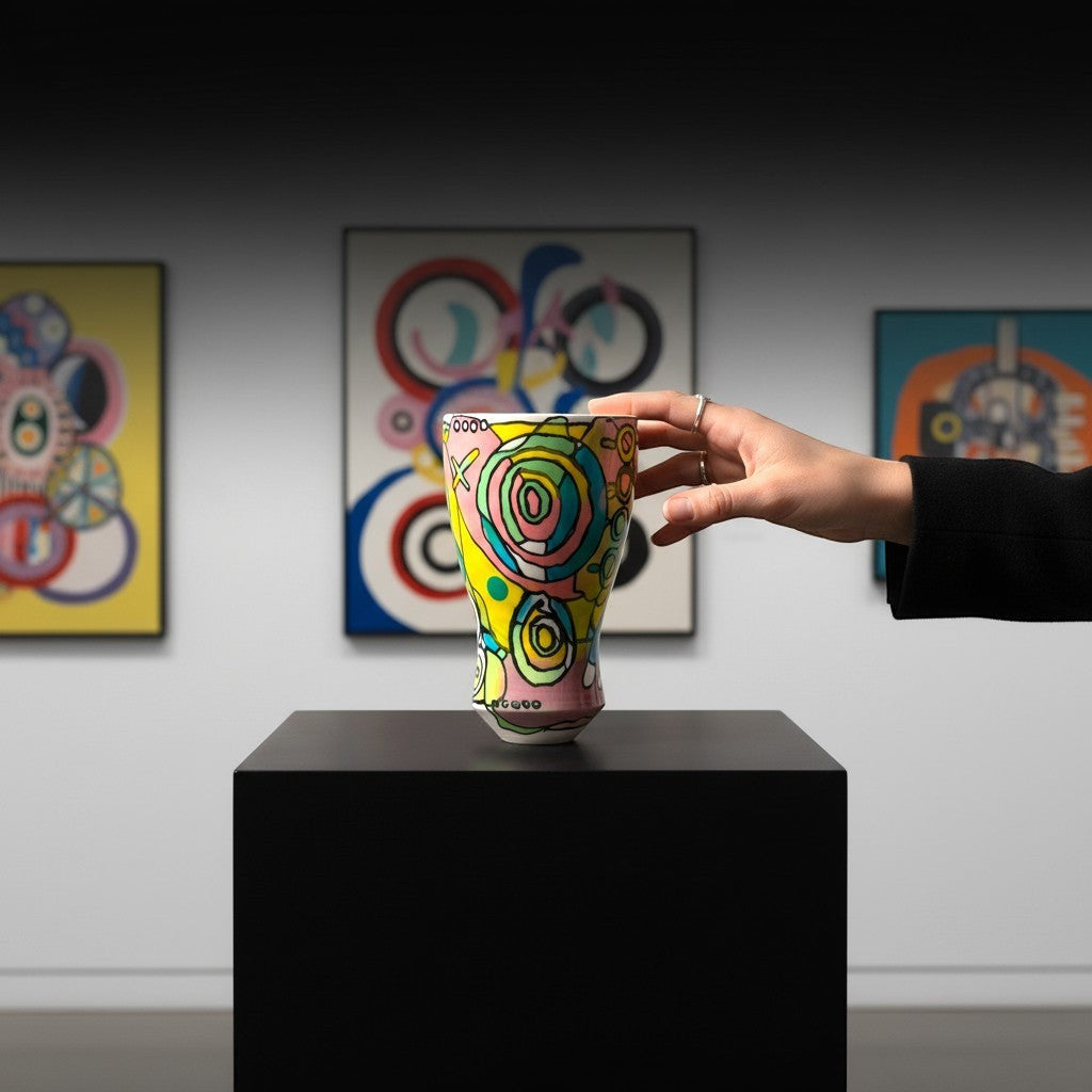 CeramicMeltdown.com Bill Vase, a vibrant, hand-painted ceramic vase with a colorful abstract design featuring yellow, pink, blue, and green swirls and circles.